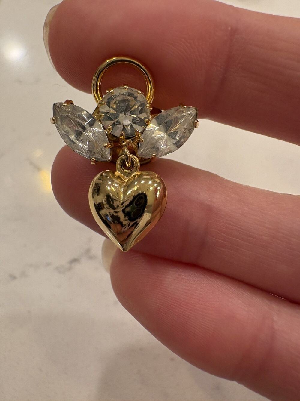 VTG Gold Tone Rhinestone Angel Charm Brooch Tac Pin Style with Dangle Heart